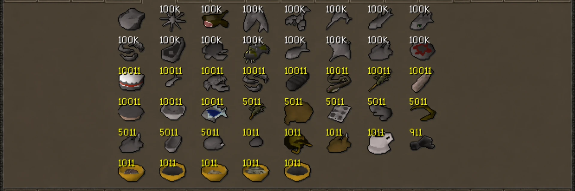A RuneScape bank filled with rows of burnt food, each stack labelled with its quantity.
